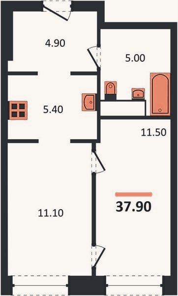 Планировка: 1-к, 37,9 м²