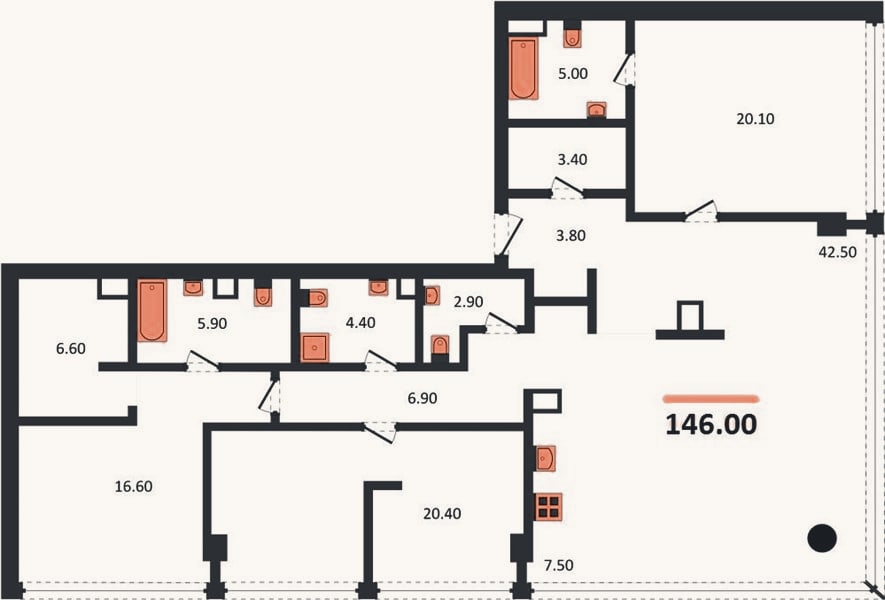 Планировка: 3-к, 146 м²