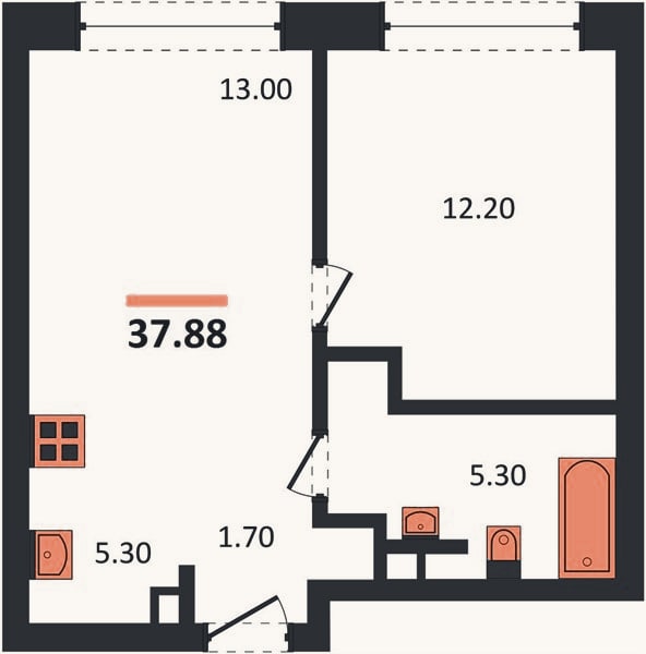 Планировка: 1-к, 37,9 м²