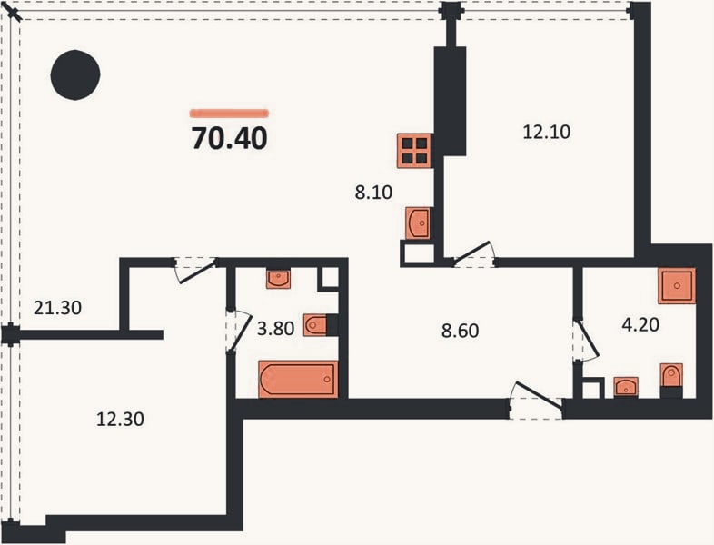 Планировка: 2-к, 70,4 м²