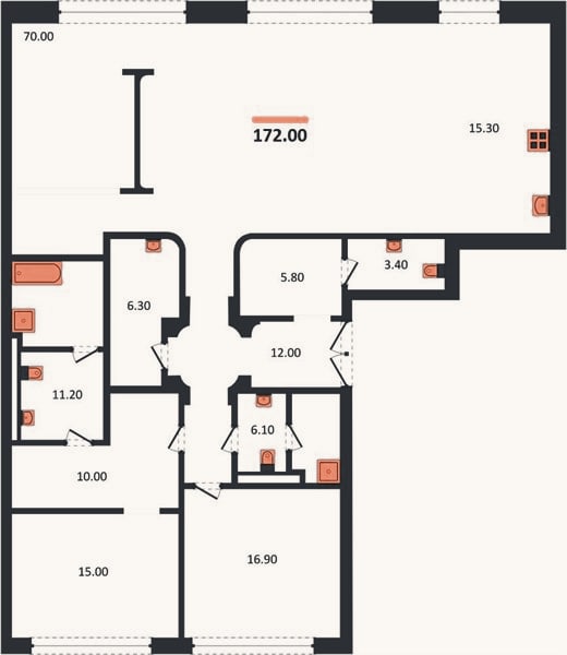 Планировка: 2-к, 172 м²