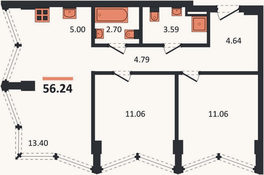 Планировка: 2-к, 56,2 м²