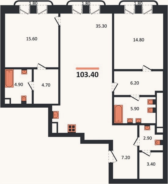 Планировка: 2-к, 103,4 м²