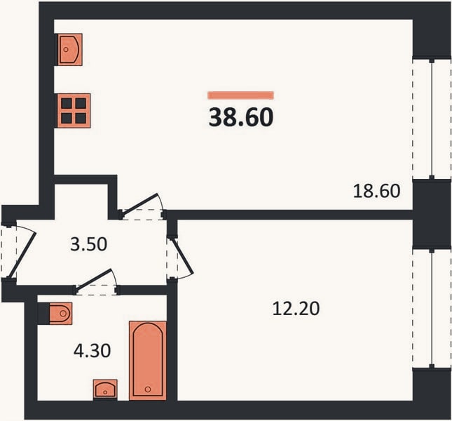 Планировка: 1-к, 38,6 м²