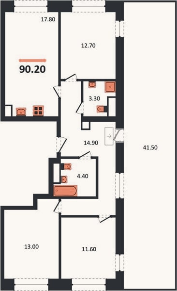 Планировка: 3-к, 90,2 м²