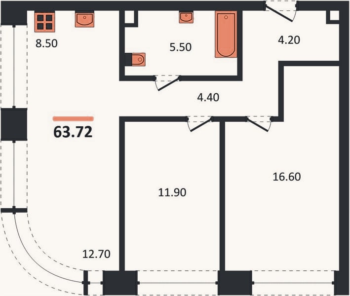 Планировка: 2-к, 63,7 м²