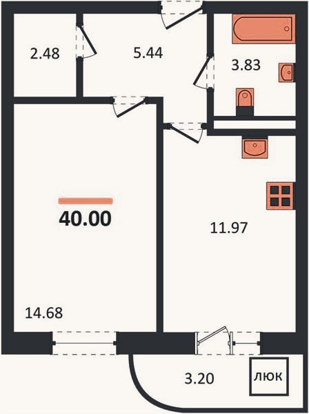 Планировка: 1-к, 40 м²