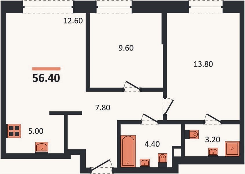 Планировка: 2-к, 56,4 м²
