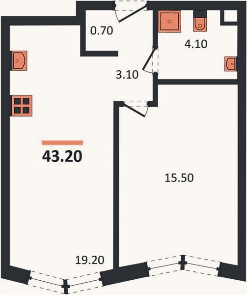 Планировка: 1-к, 43,2 м²