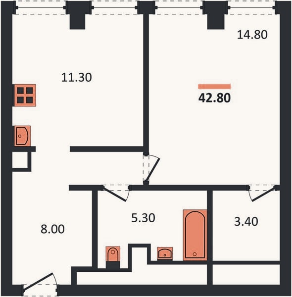 Планировка: 1-к, 42,8 м²