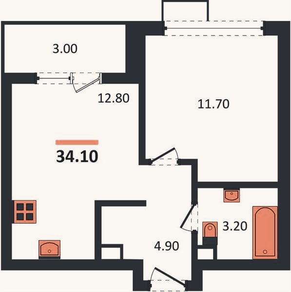Планировка: 1-к, 34,1 м²