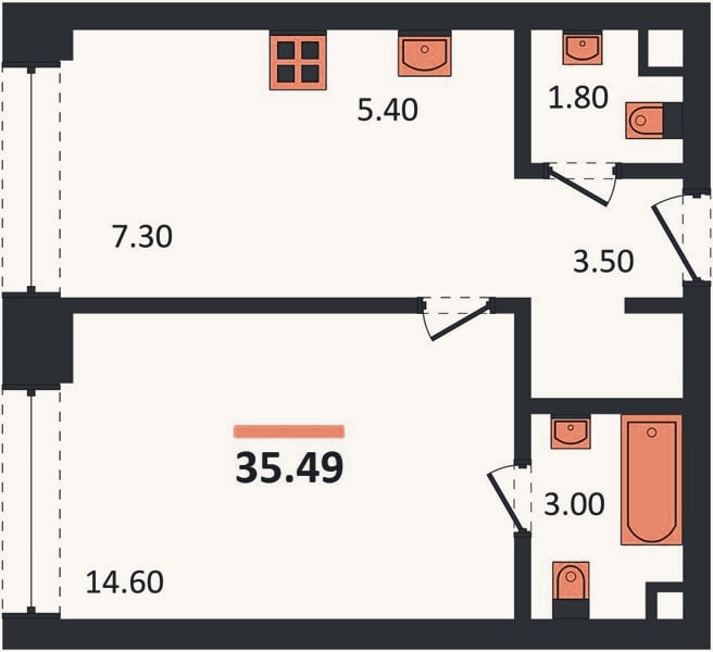 Планировка: 1-к, 35,5 м²