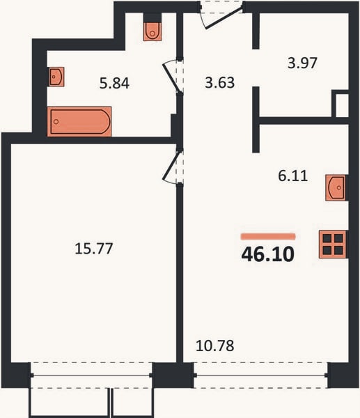 Планировка: 1-к, 46,1 м²