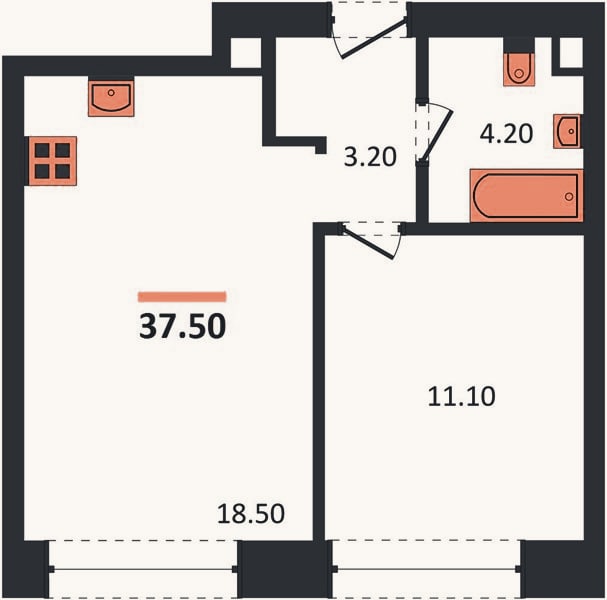 Планировка: 1-к, 37,5 м²