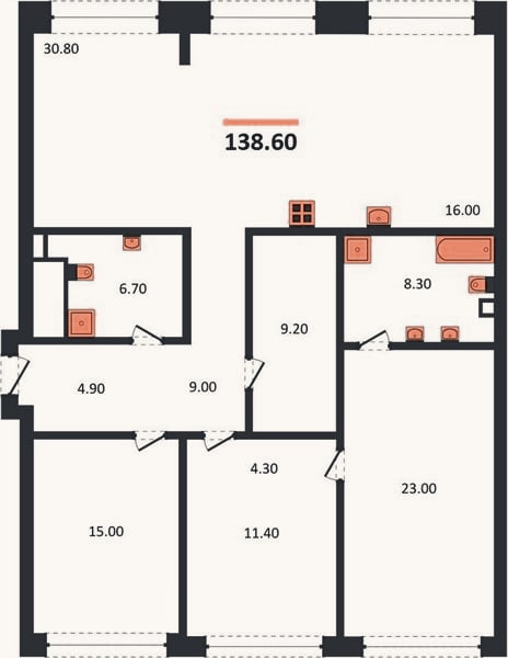 Планировка: 2-к, 138,6 м²