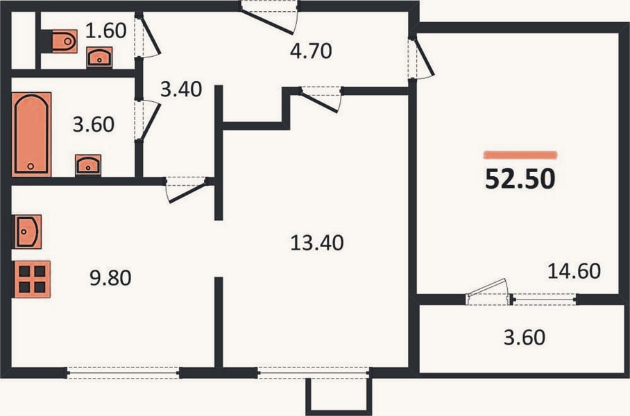 Планировка: 2-к, 52,5 м²