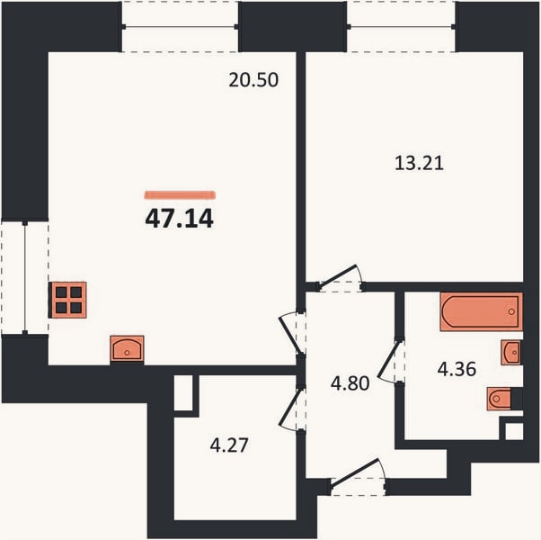 Планировка: 1-к, 47,1 м²