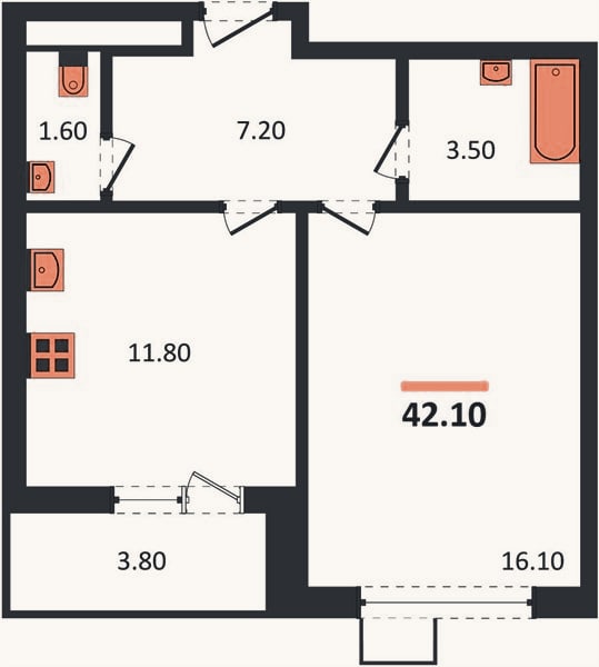 Планировка: 1-к, 42,1 м²