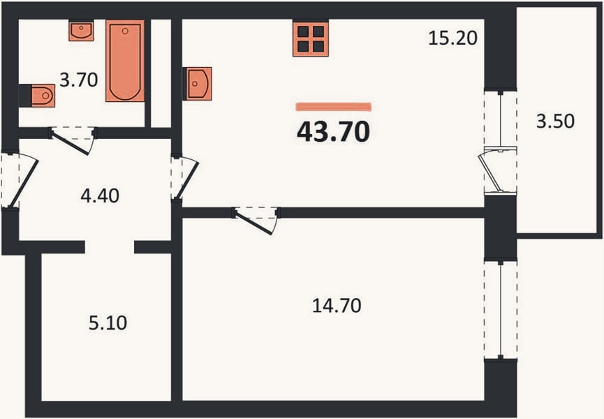 Планировка: 1-к, 43,7 м²