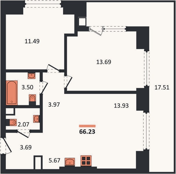 Планировка: 2-к, 66,2 м²