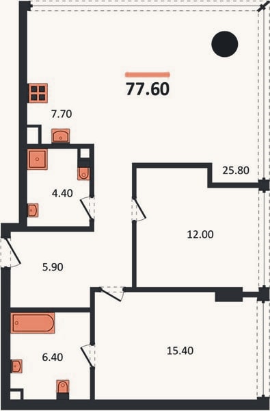 Планировка: 2-к, 77,6 м²