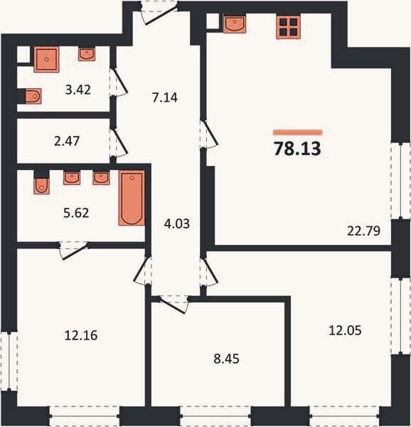 Планировка: 3-к, 78,1 м²