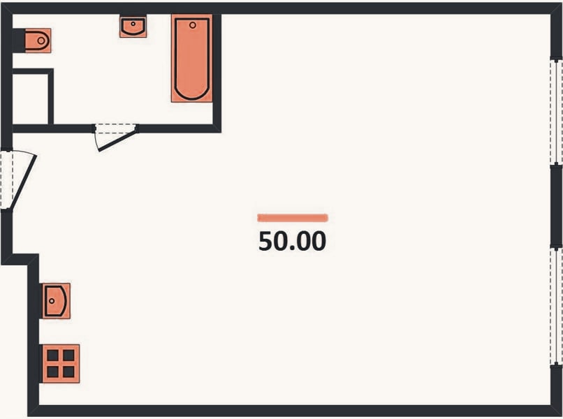 Планировка: 1-к, 50 м²