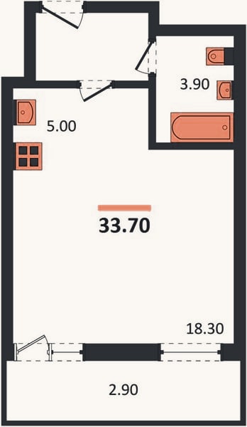 Планировка: Студия, 33,7 м²