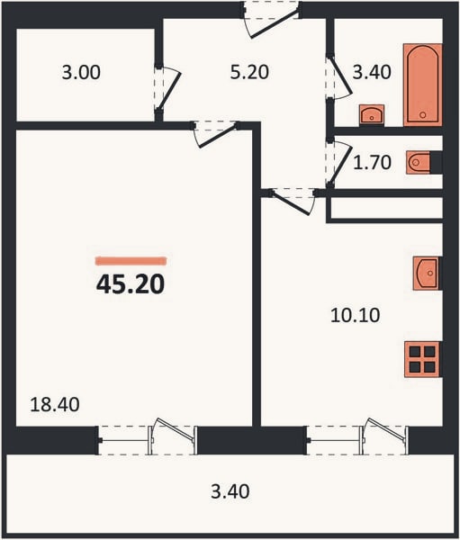 Планировка: 1-к, 45,2 м²