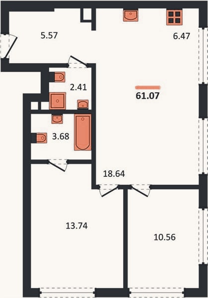 Планировка: 2-к, 61,1 м²