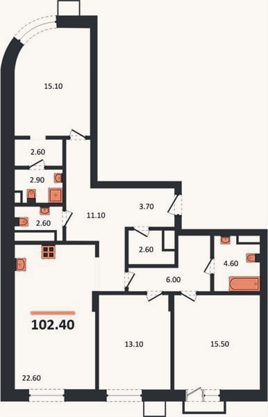 Планировка: 3-к, 102,4 м²