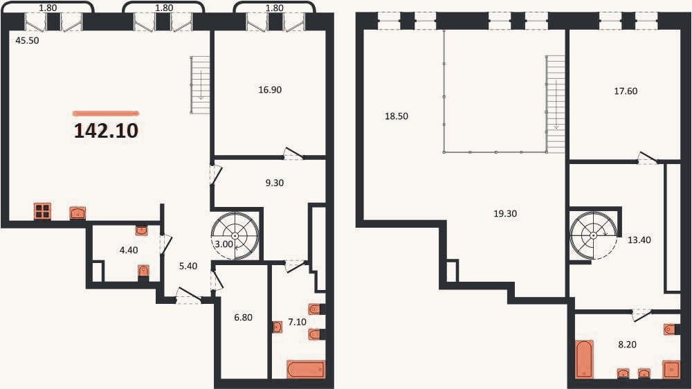 Планировка: 2-к, 142,1 м²