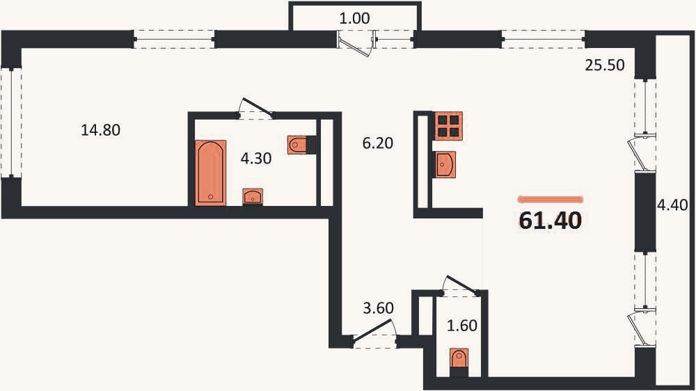 Планировка: 1-к, 61,4 м²