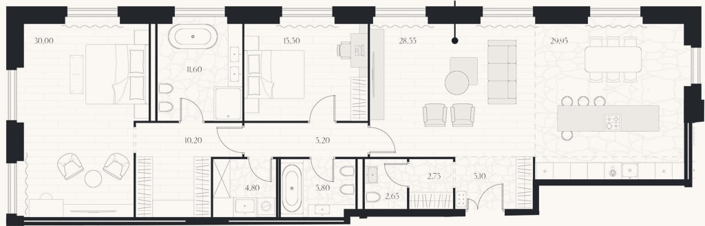 Планировка: 2-к, 152,3 м²