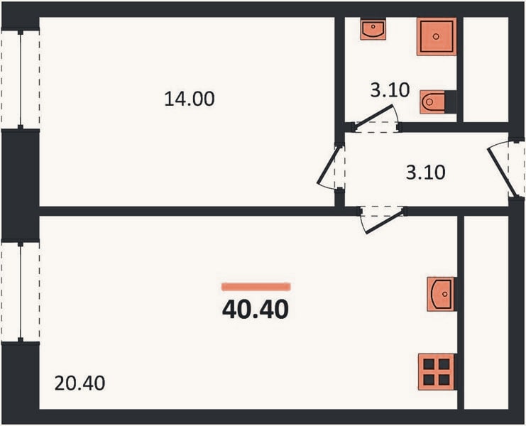 Планировка: 1-к, 40,4 м²