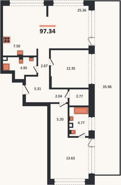 Планировка: 2-к, 97,3 м²