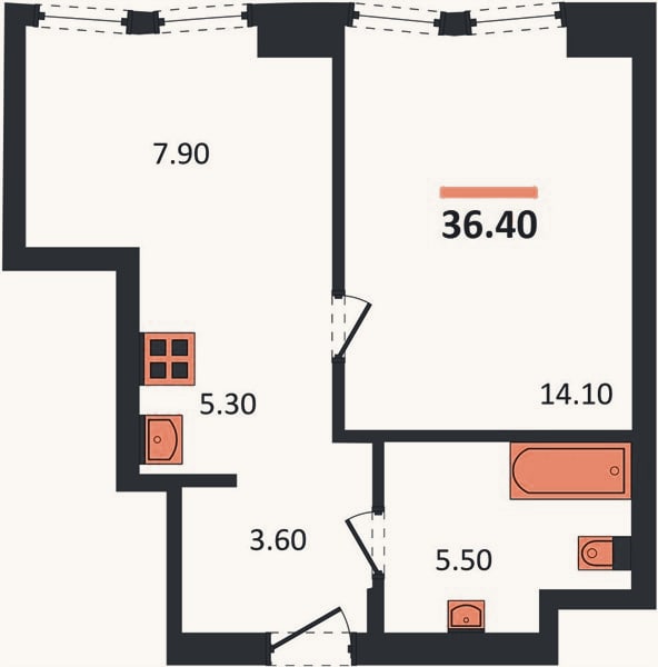 Планировка: 1-к, 36,3 м²