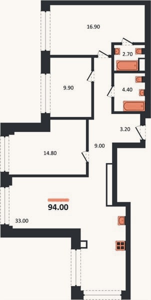 Планировка: 3-к, 94 м²