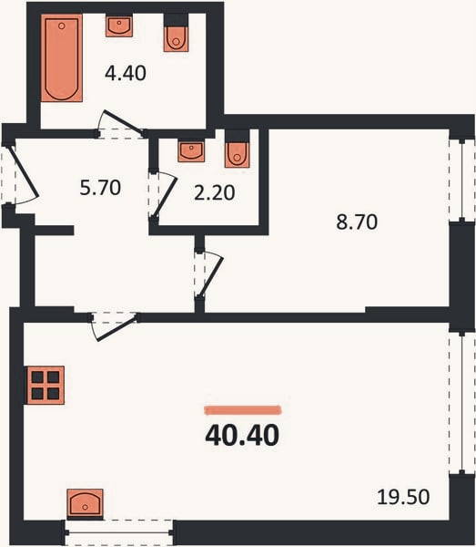 Планировка: 1-к, 41,4 м²