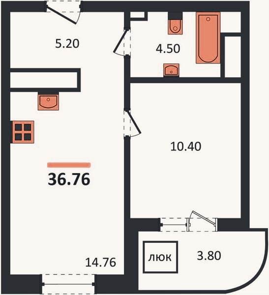 Планировка: 1-к, 36,8 м²