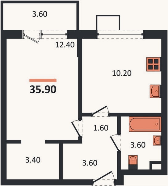 Планировка: 1-к, 35,9 м²