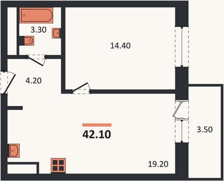 Планировка: 1-к, 42,8 м²