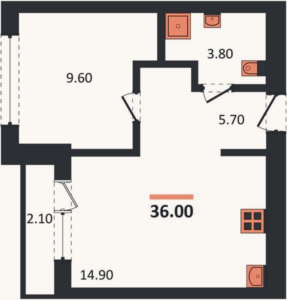Планировка: 1-к, 36 м²