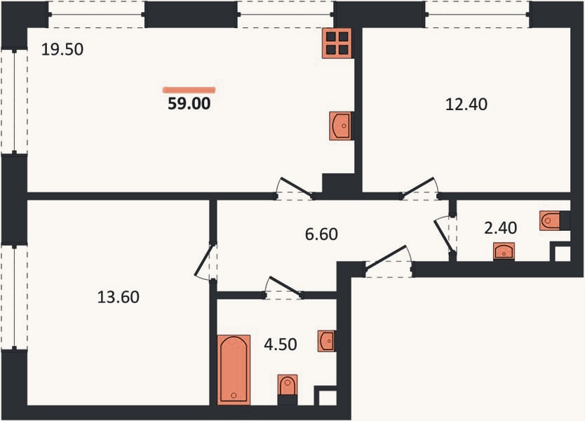 Планировка: 2-к, 56,9 м²