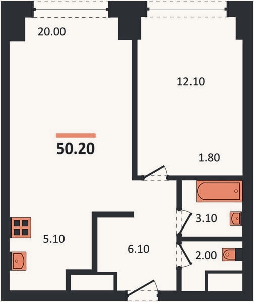 Планировка: 1-к, 50,2 м²