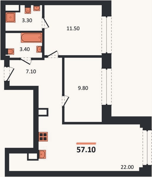 Планировка: 2-к, 57,1 м²