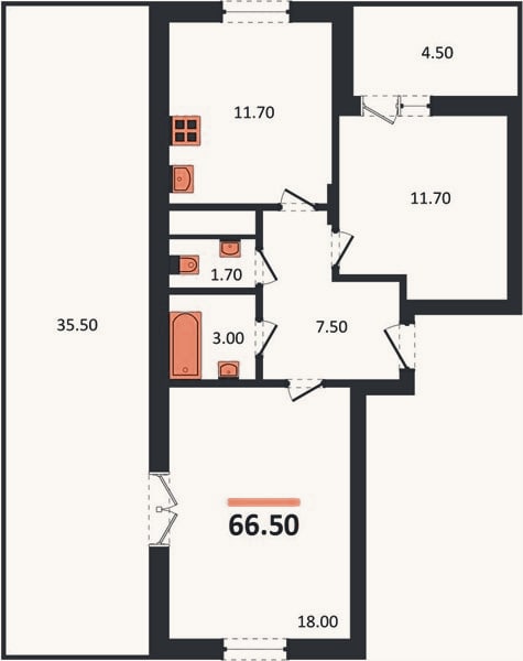 Планировка: 2-к, 66,5 м²