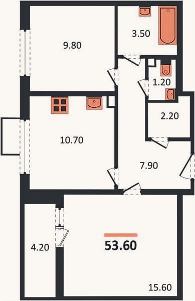 Планировка: 2-к, 53,6 м²