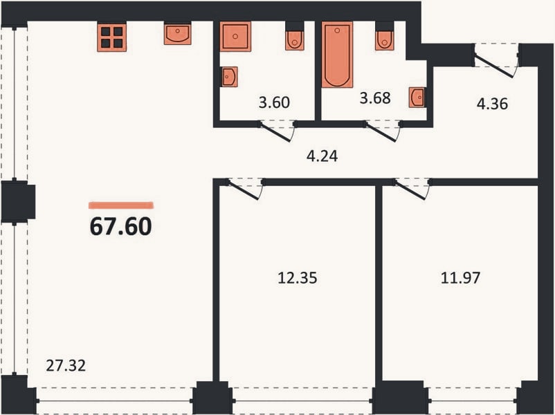 Планировка: 2-к, 67,6 м²