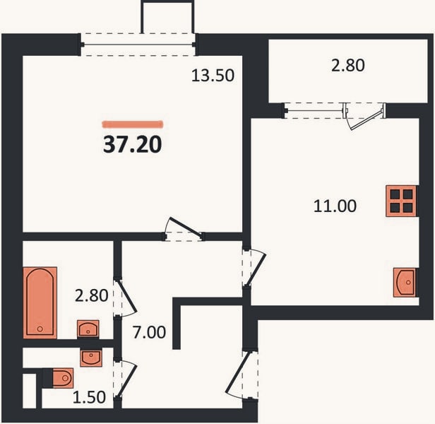 Планировка: 1-к, 37,2 м²